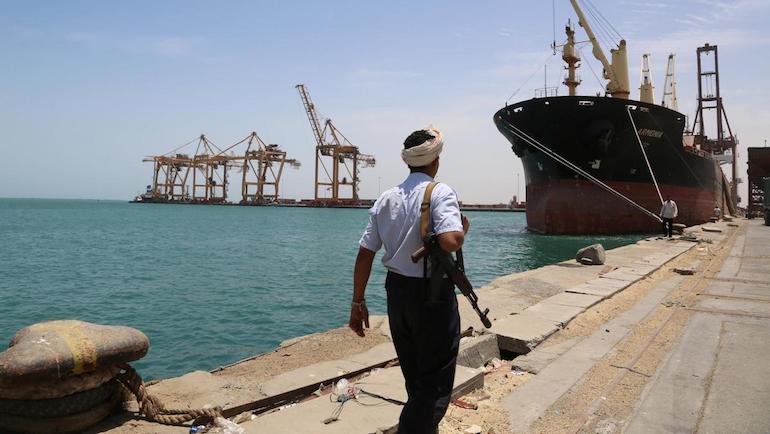 Houthi Fighter Patrols the Port in Hodeidah